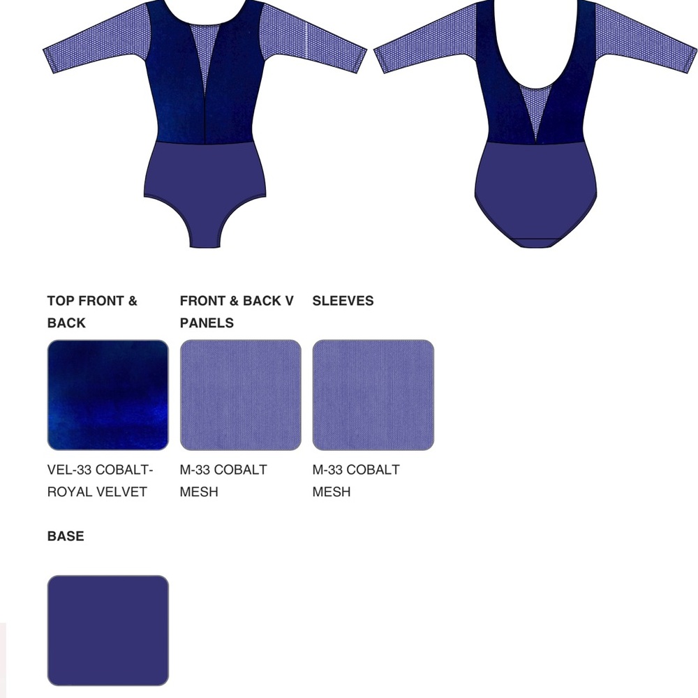 Eleve Dancewear Velvet & Mesh Royal Blue Velvet Tempe Leotard with Long Sleeves